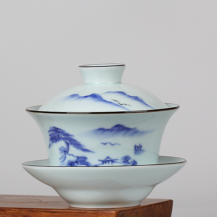 Special Size Cover Bowl Hand-painted Green Flower Porcelain Octapel Tea Bowl Jingdezhen 3-only cup Gongfu Tea with tea Toast Tea Bowl Green Porcelain Thick