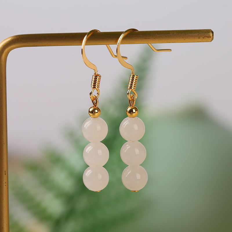 Natural Hetian jade white jade earrings 6mm round beads ear hook earrings earrings earrings 14K gold inlaid earrings DIY jewelry