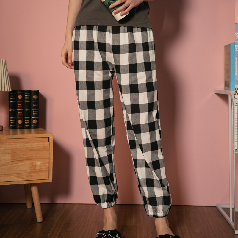 Plaid long pants sleeping pants female pure cotton extras with bunches and feet home pants summer thin loose sloth home pants for spring and autumn