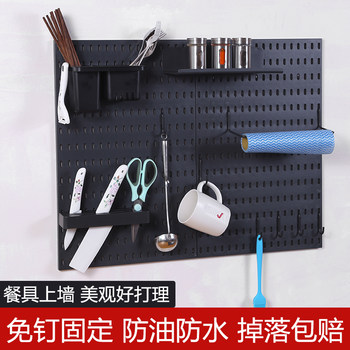 Kitchen hole board wall punch-free hook accessories storage rack storage tableware roll paper holder shelf suitable for home use