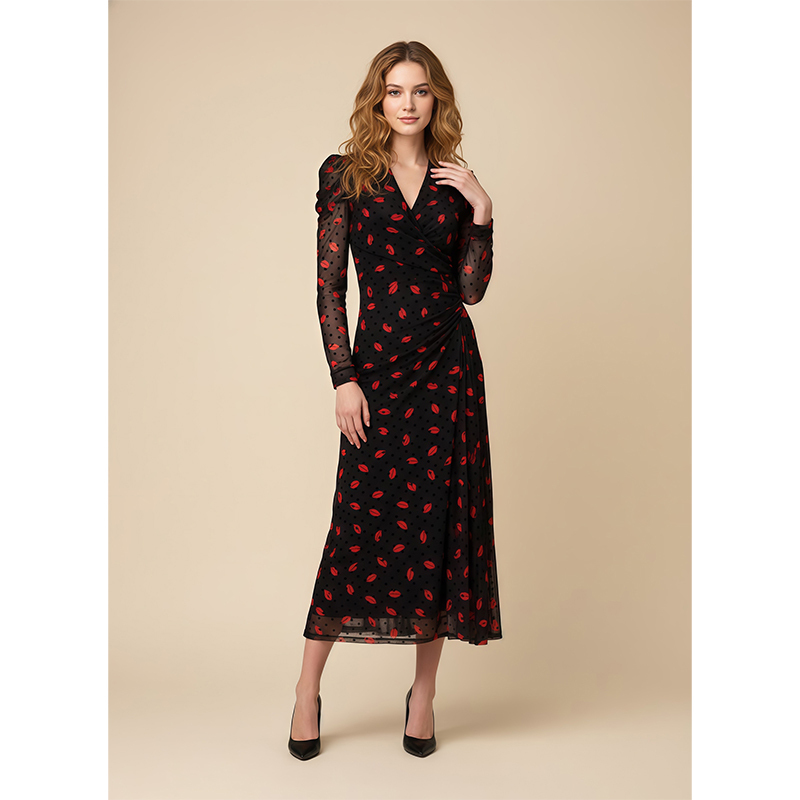Xusi 2026 Early Spring New Wrap Dress D*F Same Style Lock Love Red Lip Dress Heavy-Duty Flocking Mesh Xusi 2026 Early Spring New Wrap Dress D*F Same Style Lock Love Red Lip Dress Heavy-Duty Flocking Mesh