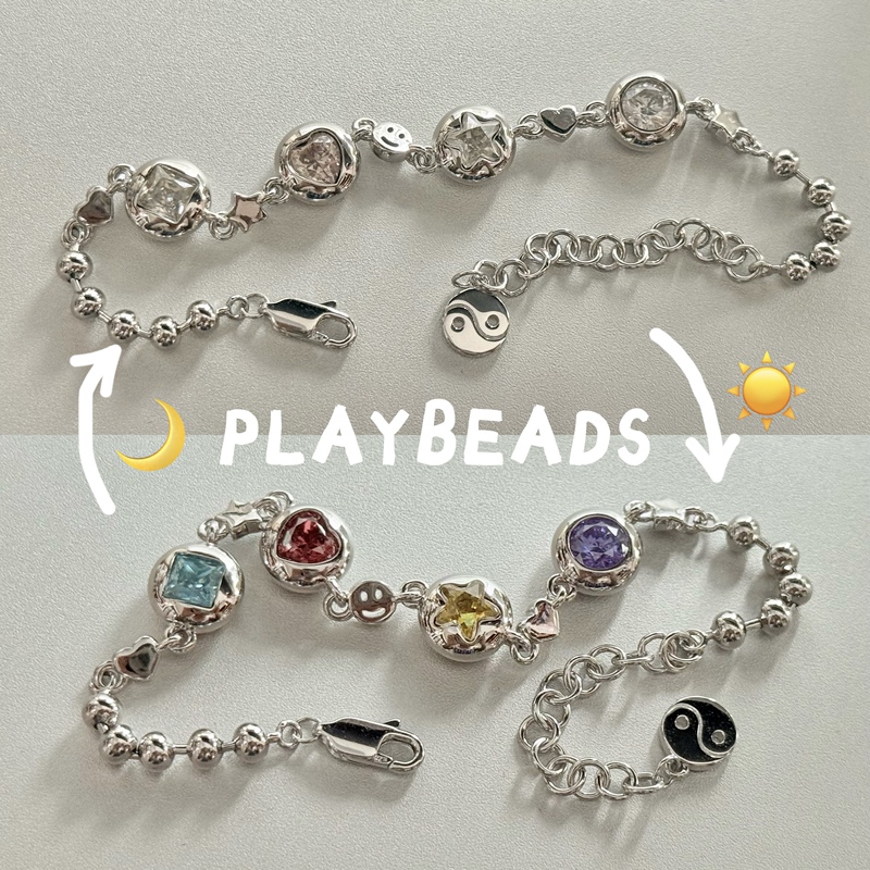 Playbeads Sterling Silver S925 Heart Star Smiley Face Tai Chi Color-Changing Zircon Girl Rainbow Jelly Bean Bracelet