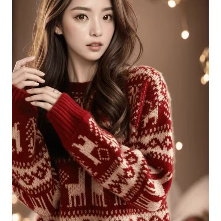 Brand Clearance Sale Cashmere Retro Jacquard Round Neck Sweater for Women Autumn Winter Christmas New Year Red Knitwear