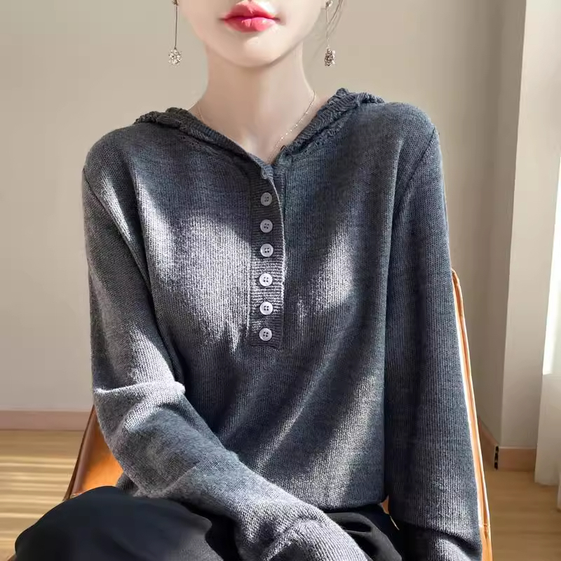 Clearance Sale, Cut Tags, High-End Early Autumn Hooded Wool Knit Sweater for Women, Slimming, Stylish, Hooded Sweater for Outerwear