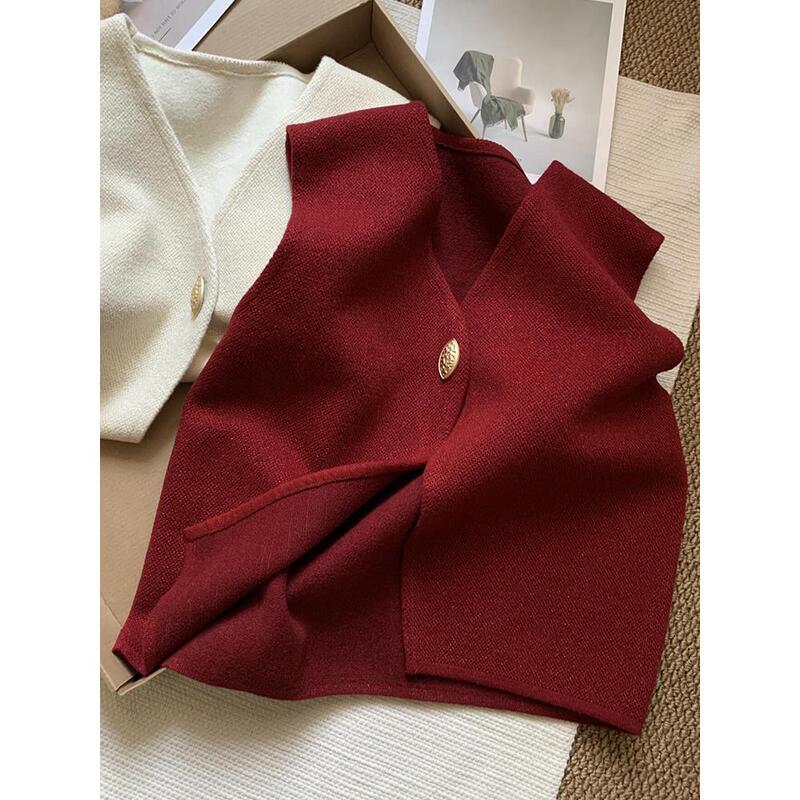 New Year's Red Layered Sleeveless V-Neck Cardigan Vest Sweater for Women, Unique Knitted Vest for Women in Autumn and Winter