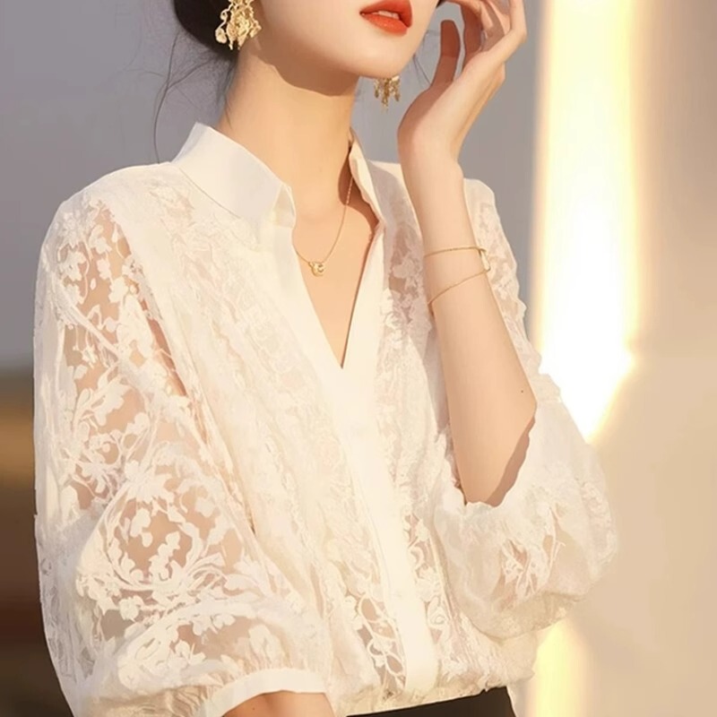 Big Sale Leakage Counter Hot Item Withdrawal High-End Mulberry Silk White Lace Shirt Loose Silk Shirt for Women Summer
