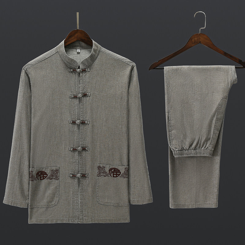 Middle-aged and elderly ancient costumes long sleeve Tang suit enlarged 44 yards linen suit Chinese style grandpa spring summer short sleeves