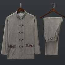 Middle-aged and elderly ancient costumes long sleeve Tang suit enlarged 44 yards linen suit Chinese style grandpa spring summer short sleeves