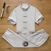 Middle-aged and elderly grandfather Tang suit mens short sleeves summer Chinese style Hanfu linen suit cotton linen costume father
