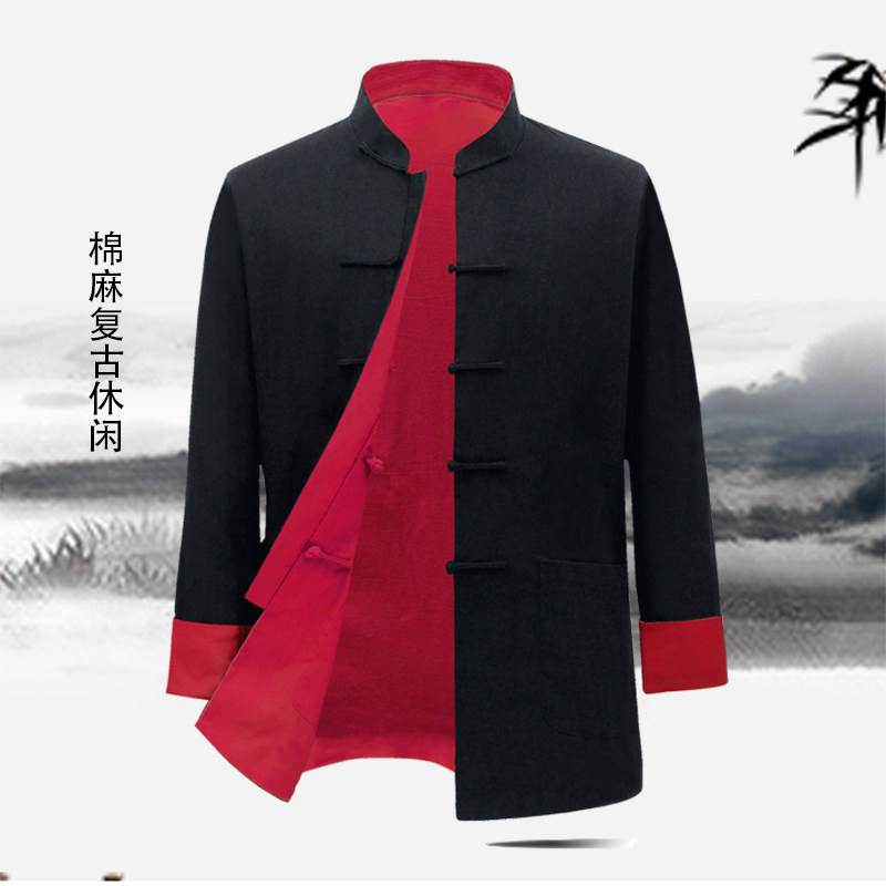 2022 China wind retro cotton linen Tang loaded men's long sleeve jacket Chinese mid-aged home serpist button Hanfu big size
