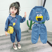 Girls denim set autumn 2021 new foreign style childrens print denim clothing spring and autumn baby sports two-piece set