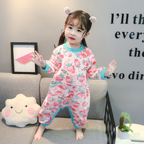Childrens conjoined pajamas spring and autumn cotton long sleeve belly protection boys and girls home clothes children cold baby climbing clothes