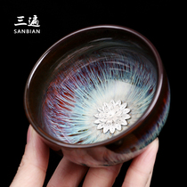 Three times Japan Wengcun is inlaid with silver tea cup Hundred flowers Pure handmade zodiac master cup tea cup silver cup