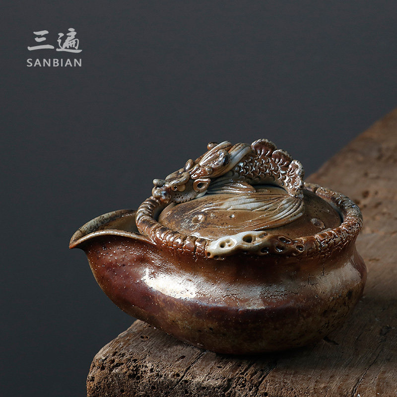 Three times wood-fired treasure bottle teapot Japanese handmade coarse pottery hand-caught pot Yuhualong Gaiwan Kung Fu Tea set Tea maker