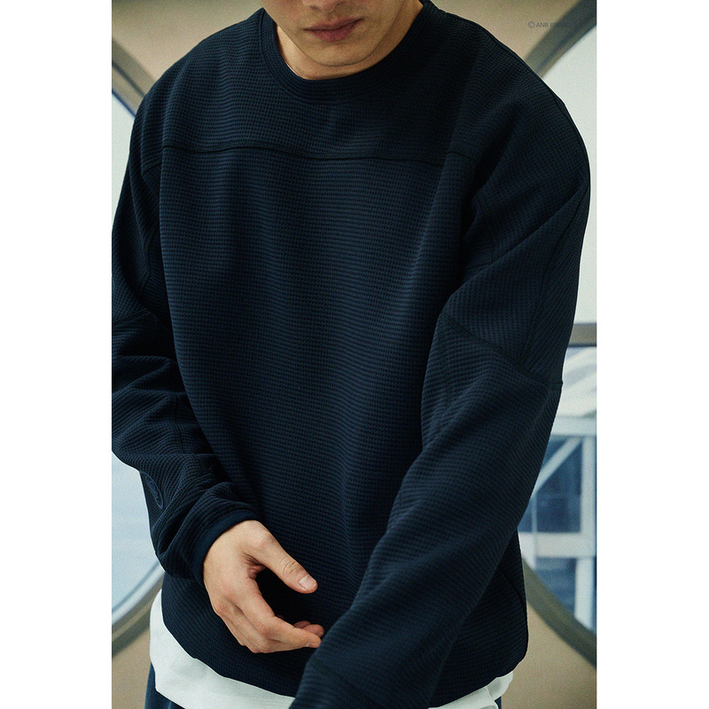 Anb Brand26Aw 7A Antibacterial and Moisture-Wicking Waffle Knit Long-Sleeve T-Shirt (Navy Blue)