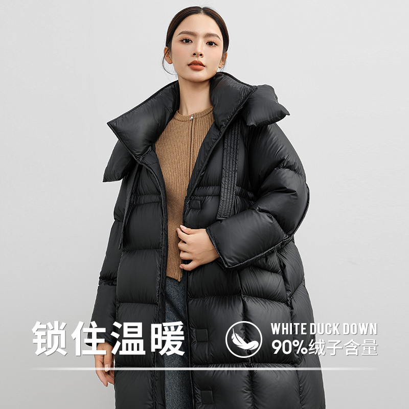 Down Jacket Women's Mid-Length Autumn and Winter New Over-The-Knee Extra-Long Loose Pure Color Thickeneded Warm 90 White Duck down Jacket