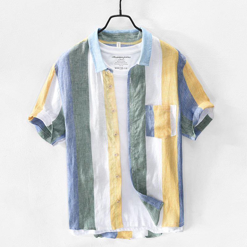 Summer literary striped short-sleeved linen shirt men's contrast color inch shirt youth casual loose cotton and linen half-sleeved shirt