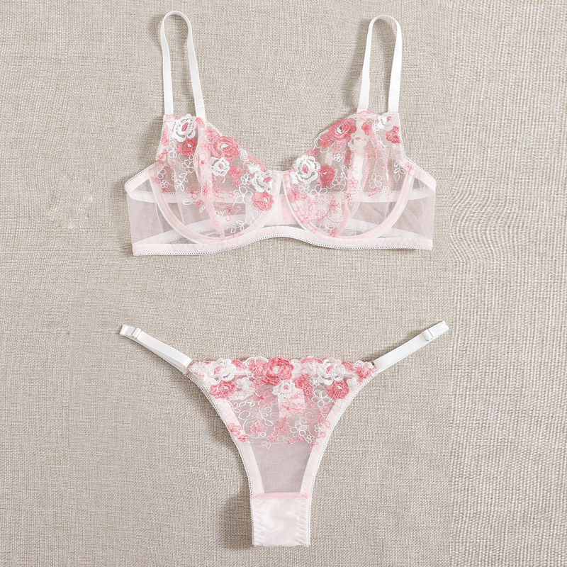 Cross-Border Sexy Lingerie for Women, Pink Embroidered Bra and Thong Set, Underwire Push-Up Ultra-Thin Cup Transparent Three-Point Bra Cross-Border Sexy Lingerie for Women, Pink Embroidered Bra and Thong Set, Underwire Push-Up Ultra-Thin Cup Transparent Three-Point Bra