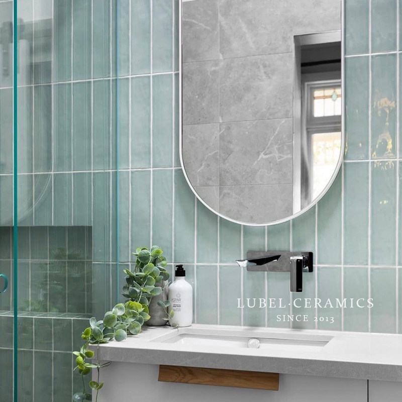 Mint green tile glazed tile powder room Nordic kitchen wall brick toilet toilet wall brick long strip brick