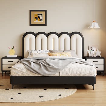 French-Style Vintage Leather Bed, Mid-Century Style Internet-Famous Bed, 1.8m Master Bedroom Storage Double Bed, Upholstered Wedding Bed