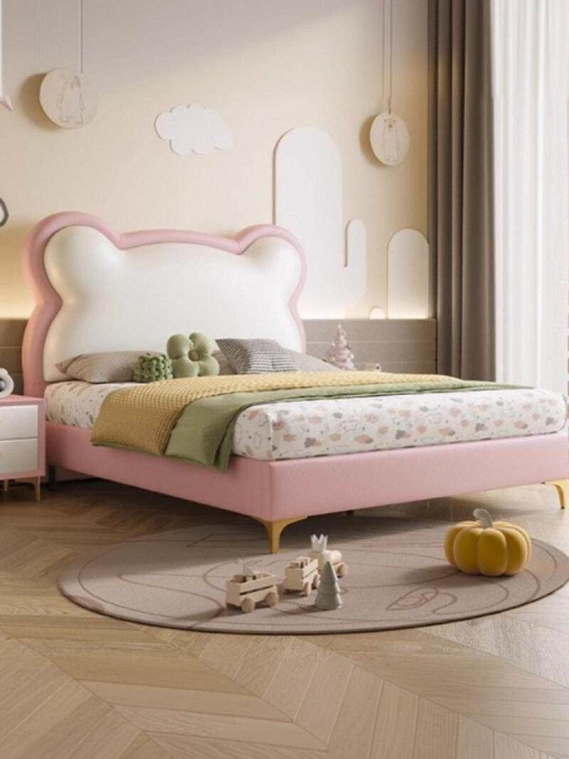 French-Style Cream-Colored 1.5m Cartoon Simple Children's Bed for Boys and Girls, Master and Secondary Bedrooms, Storage Leather Bed, Panda Upholstered Bed