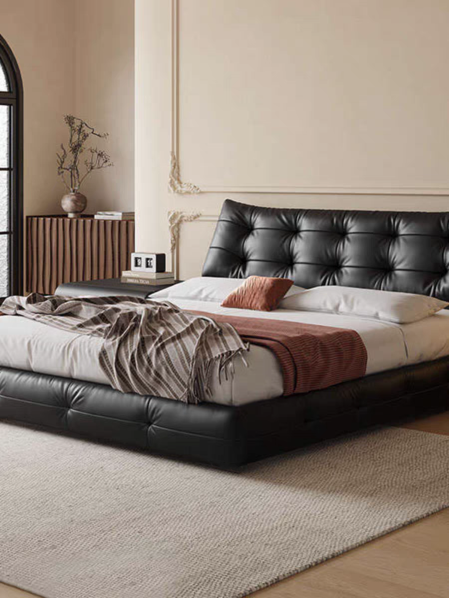 Aijia Big Black Bear Genuine Leather Modern Simple High-End Double Bed Light Luxury Master Bedroom Large Bed Cloud Double Bed Wedding Bed