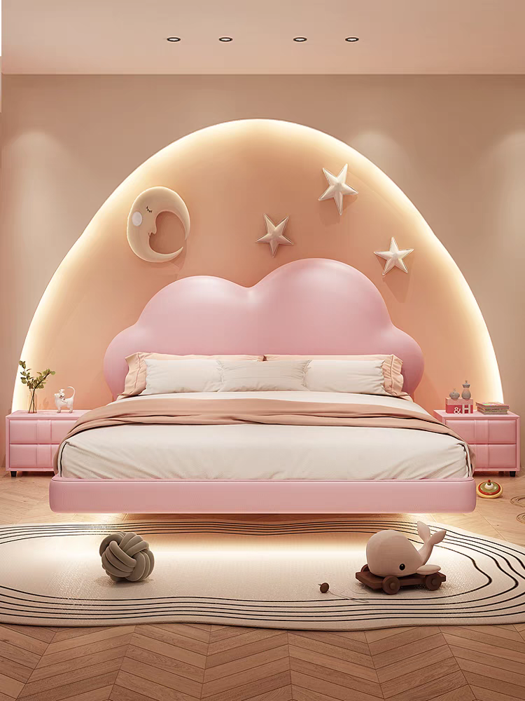 Cloud Suspended Children's Bed Girls Cream Style Dreamy Princess Bed Bedroom Leather Soft Upholstery 1.5m Boys Single Bed