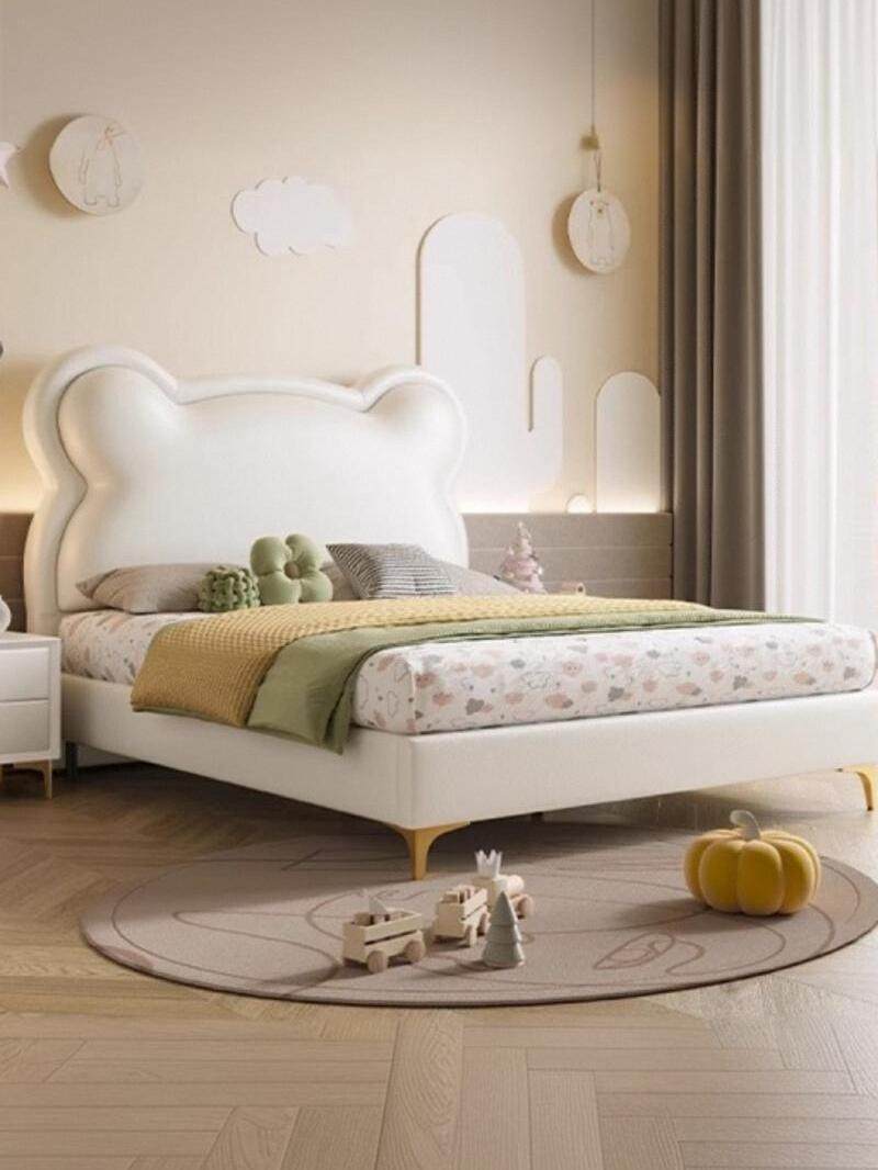 French-Style Cream-Colored 1.5m Cartoon Simple Children's Bed for Boys and Girls, Master and Secondary Bedrooms, Storage Leather Bed, Panda Upholstered Bed