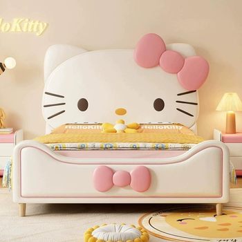 Hello Kitty Cartoon Children's Bed for Girls, Princess Bed, Genuine Leather Bedroom Single Pink Hello Kitty Upholstered Bed