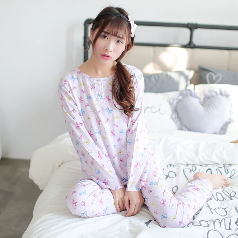 Đồ ngủ cotton lụa của phụ nữ dài tay mùa xuân, mùa thu và mùa hè cotton lụa tinh khiết phục vụ tại nhà mỏng rayon hai mảnh cotton điều hòa không khí phù hợp - Bên ngoài ăn mặc