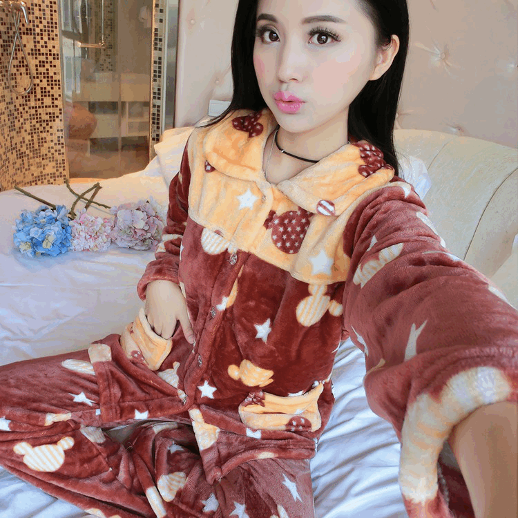 Phiên bản Hàn Quốc của mùa thu và mùa đông flannel giải phóng bộ đồ ngủ của phụ nữ dài tay nhung san hô do bo dep