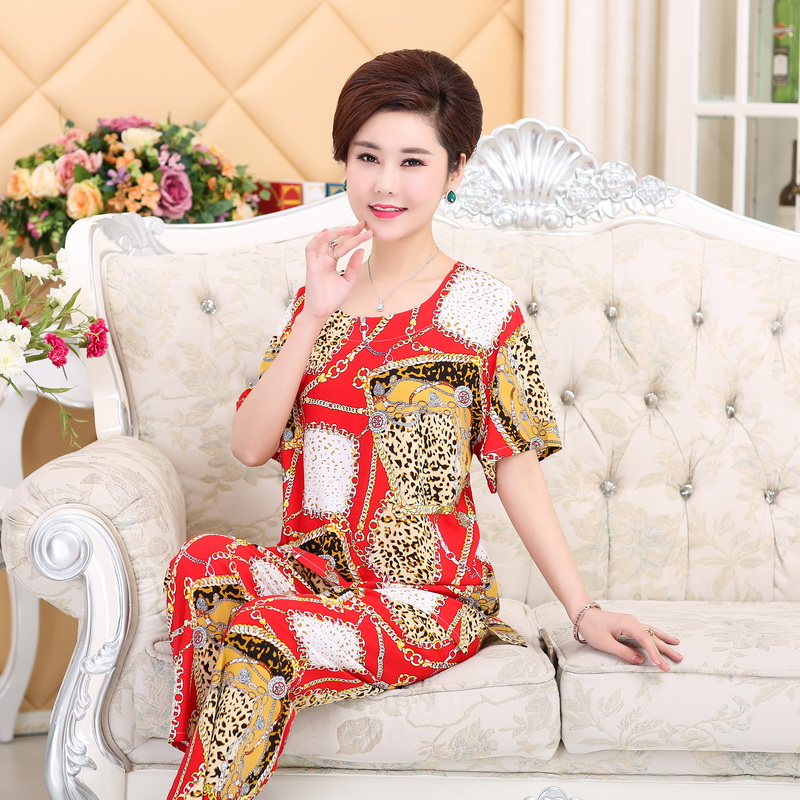 Mùa hè trung niên đồ ngủ của phụ nữ ngắn tay cotton lụa dịch vụ nhà cotton bộ đồ ngủ cũ mẹ cộng với phân bón để tăng