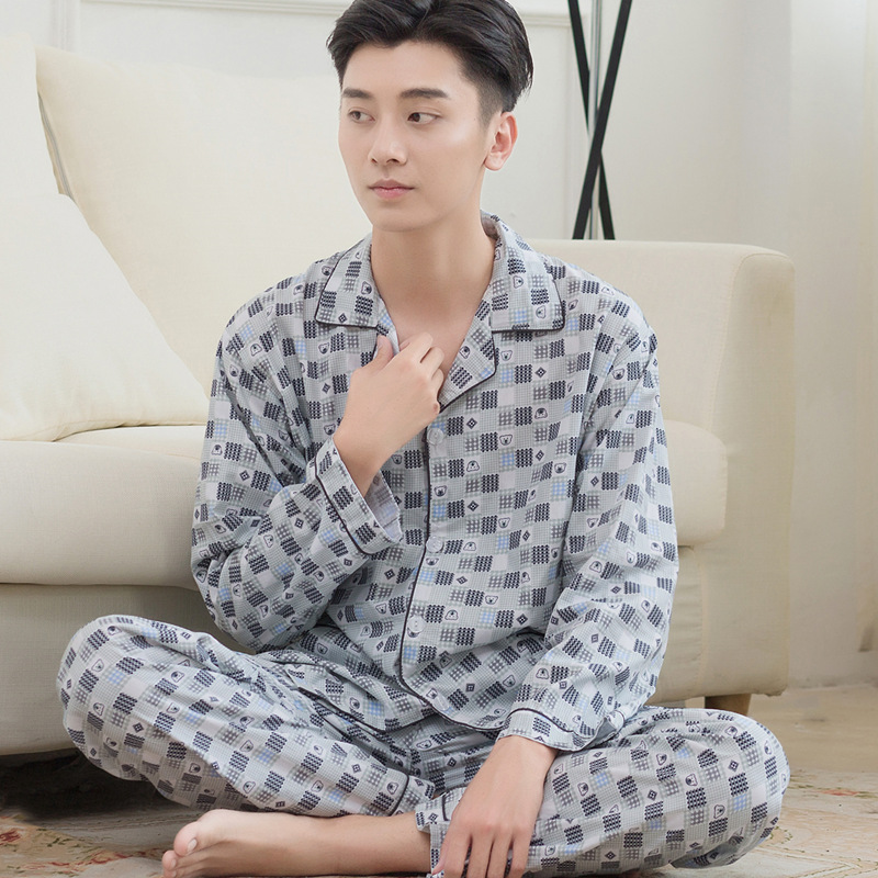 Bộ đồ ngủ cotton mùa xuân nam dài tay thanh niên hai mảnh phù hợp với trung niên áo len cotton mỏng dệt kim cotton pijama nữ