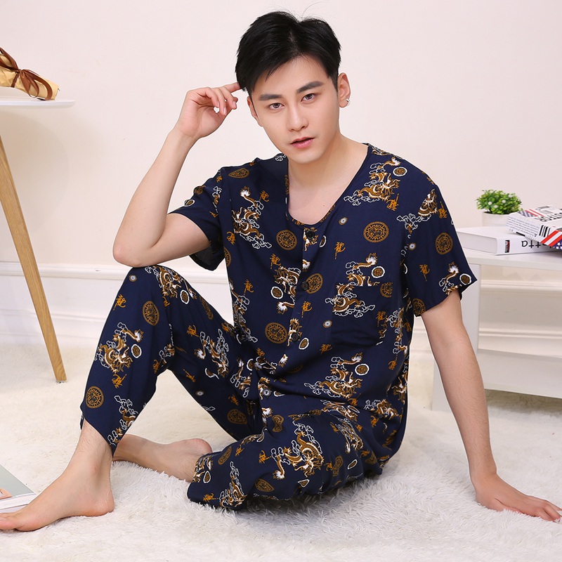 Mùa hè cotton đồ ngủ nam ngắn tay quần trung niên dịch vụ nhà cotton lụa đặt cha nhân tạo cotton kích thước lớn