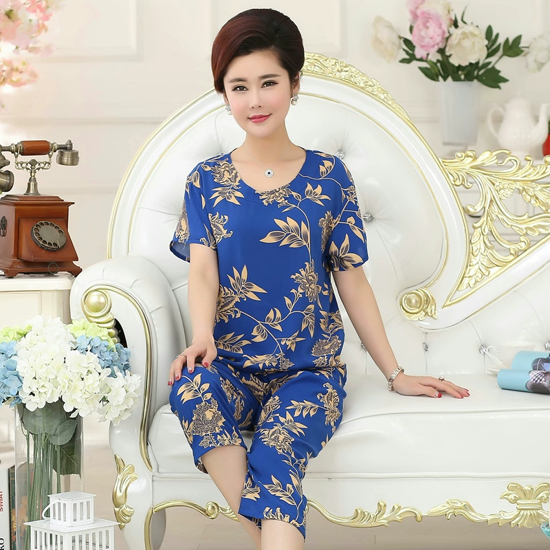 Bộ đồ ngủ bằng lụa cotton trung niên nữ mùa hè ngắn tay mẹ nhân tạo cotton phù hợp với chất liệu cotton nhà mỏng có thể mặc bên ngoài kích thước lớn