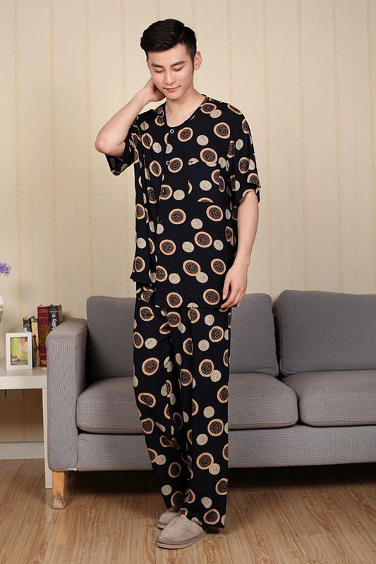 Mùa hè cotton đồ ngủ nam ngắn tay quần trung niên dịch vụ nhà cotton lụa đặt cha nhân tạo cotton kích thước lớn bộ đồ đôi mùa đông nam nữ