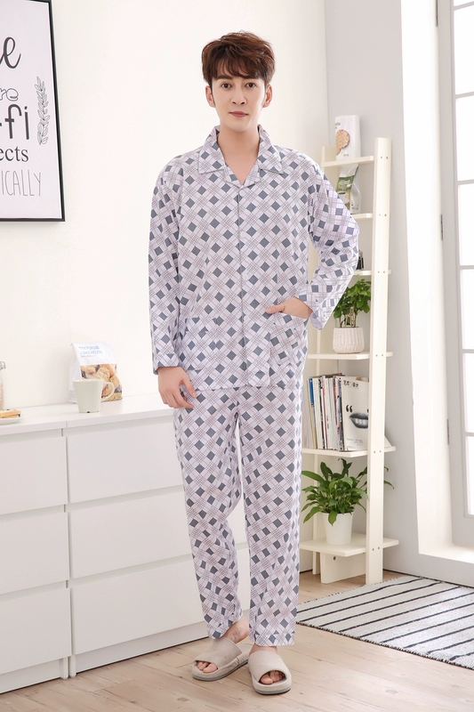Bộ đồ ngủ cotton mùa xuân nam dài tay thanh niên hai mảnh phù hợp với trung niên áo len cotton mỏng dệt kim cotton