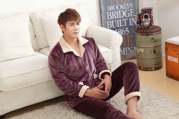 Mùa thu và mùa đông flannel đồ ngủ nam dày san hô lông cừu đồ ngủ thanh niên phục vụ nhà sinh viên cardigan phù hợp với XL đồ ngủ nam hàn quốc
