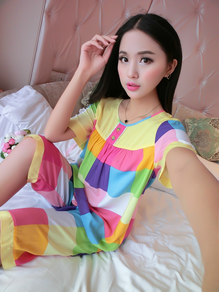 Bông lụa đồ ngủ của phụ nữ mùa hè ngắn tay quần short cotton lụa phù hợp với Hàn Quốc phiên bản của bông nhân tạo phần mỏng trung niên dịch vụ nhà XL