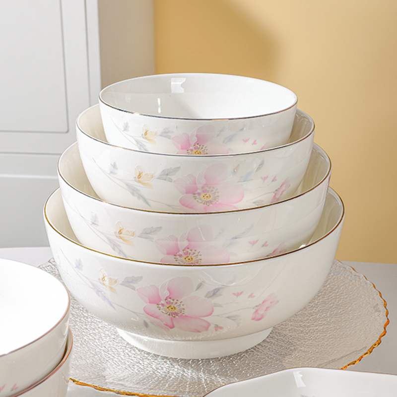 Light Luxury Chinese-Style Ceramic Bowl with Floral Gold Rim, Household Rice Bowl, Soup Bowl, Noodle Bowl, Ceramic Bowl and Plate Set, Tableware Light Luxury Chinese-Style Ceramic Bowl with Floral Gold Rim, Household Rice Bowl, Soup Bowl, Noodle Bowl, Ceramic Bowl and Plate Set, Tableware