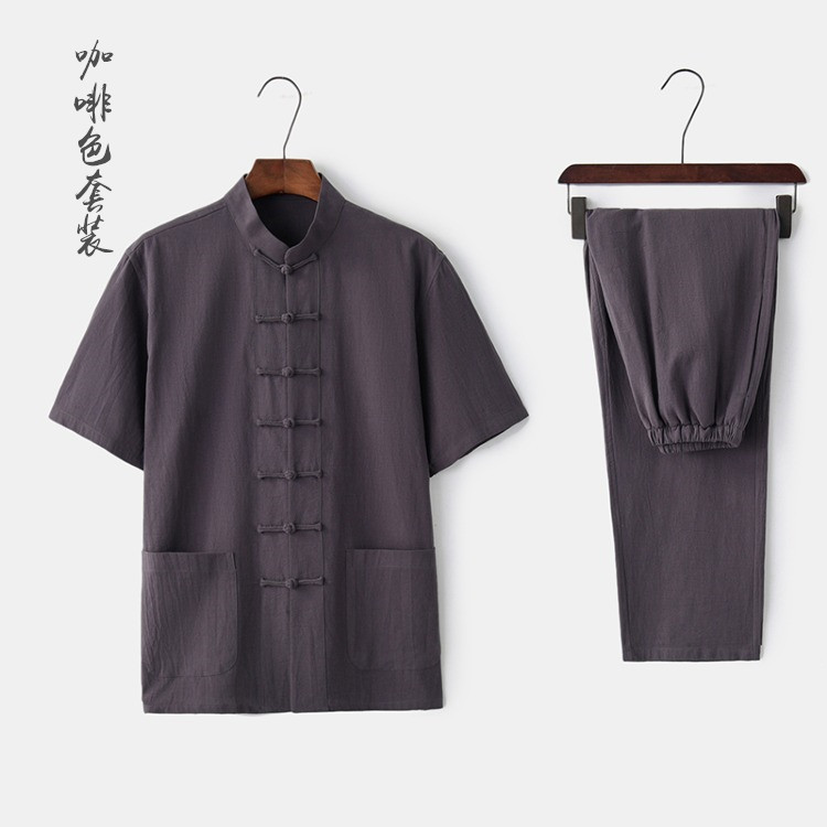 Tang nam ngắn tay bông mùa hè và lanh đầu mỏng gió Trung Quốc cha thường lanh váy retro han phù hợp