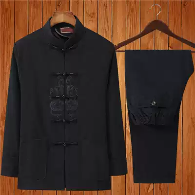 Spring and Autumn Winter, middle-aged and elderly people Tang suit men's long sleeve thickened suit Chinese style Chinese cotton linen Hanfu father suit