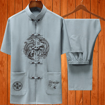 Summer middle-aged and elderly cotton linen Tang suit mens short sleeve Chinese style cotton linen suit Grandpa Hanfu large size dad dress