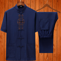 Summer Chinese style flax middle-aged and elderly Tang suit mens short sleeve suit cotton linen grandfather clothes large size father dress