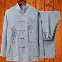 Chinese style Tang suit mens long sleeve cotton linen suit middle-aged and elderly embroidery clothes Chinese Hanfu father spring and autumn