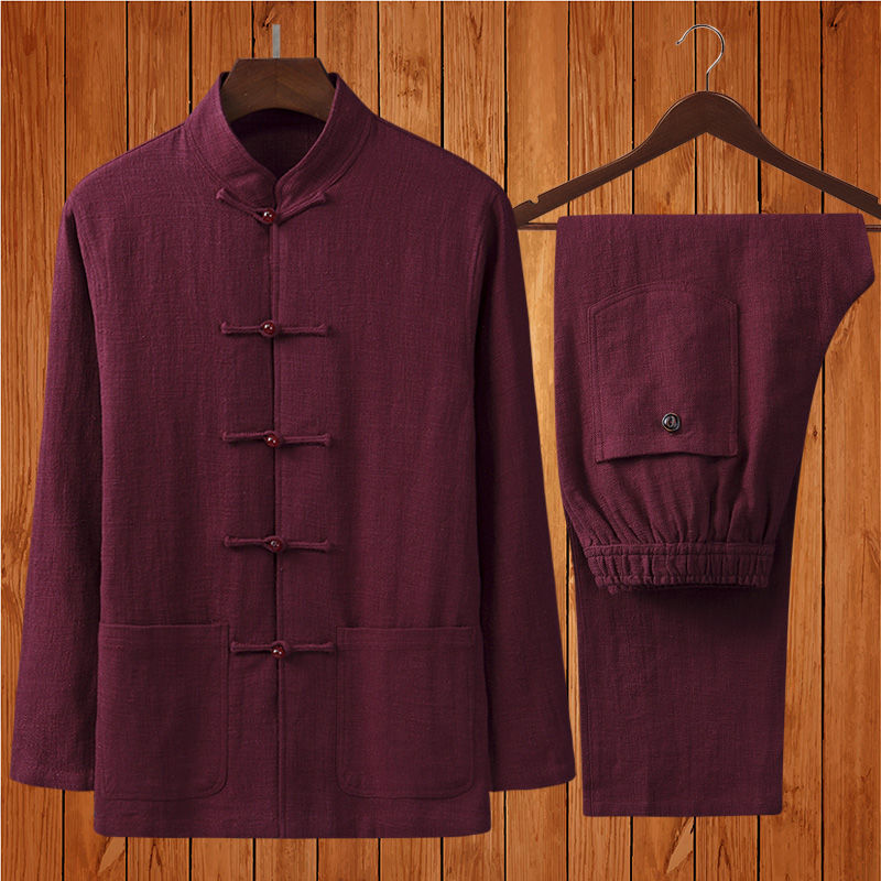 Spring Autumn Cotton Hemp Middle Aged Tang Dress Man Long Sleeve Suit Men Cotton Linen Chinese Wind Gusto Suit Man Dads Clothing