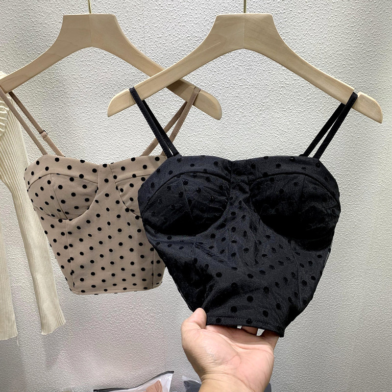 Design sense niche flocking small wave point sleeveless vest wrap chest outside wearing a thin and spicy girl web yarn with chest cushion obliteration vest