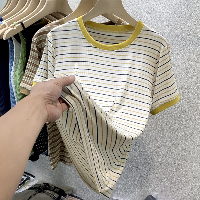 Striped T-shirt female summer short sleeve thin section 2022 new net red loose round collar 100 hitch T-shirt undershirt blouse