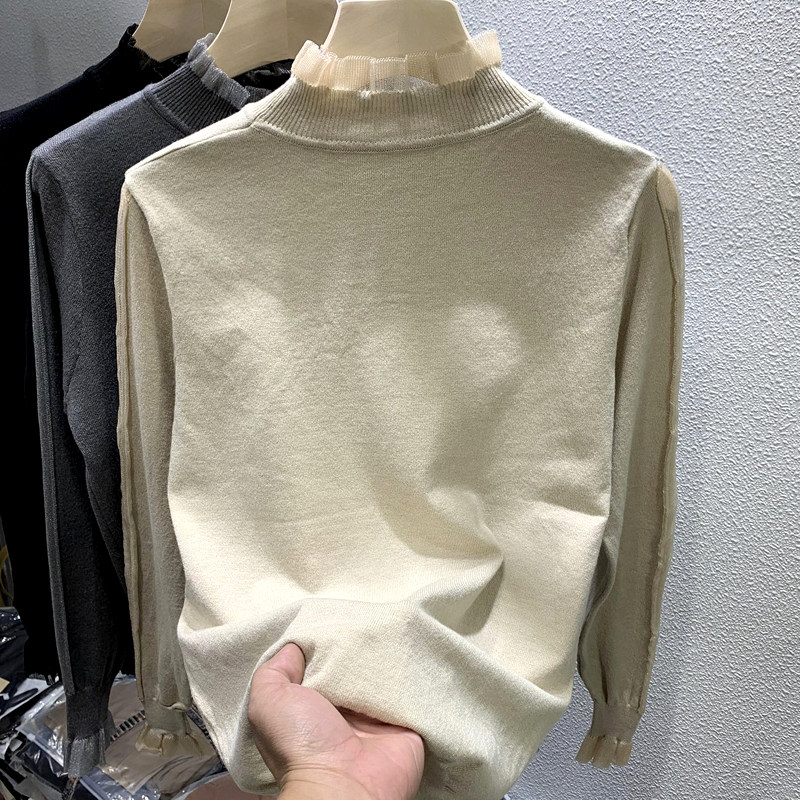 Half-height collar bottom-shirt with 2022 spring new foreign-style knitted sweatshirt woman design feeling small crowd-ear side clothes