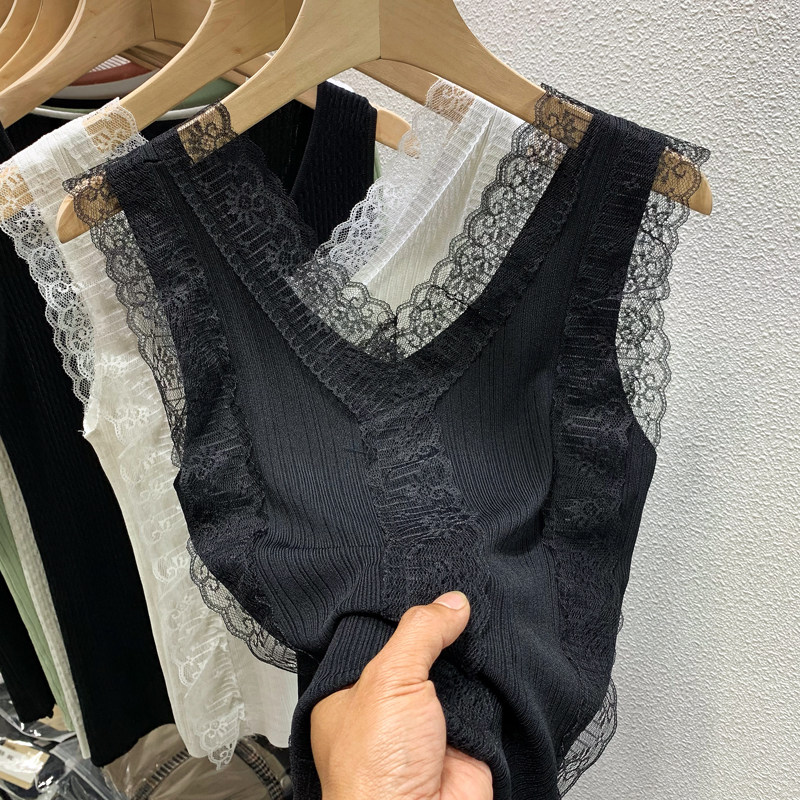 European goods solid color sexy suit with lace camisole women's 2022 spring and summer new all-match sleeveless top